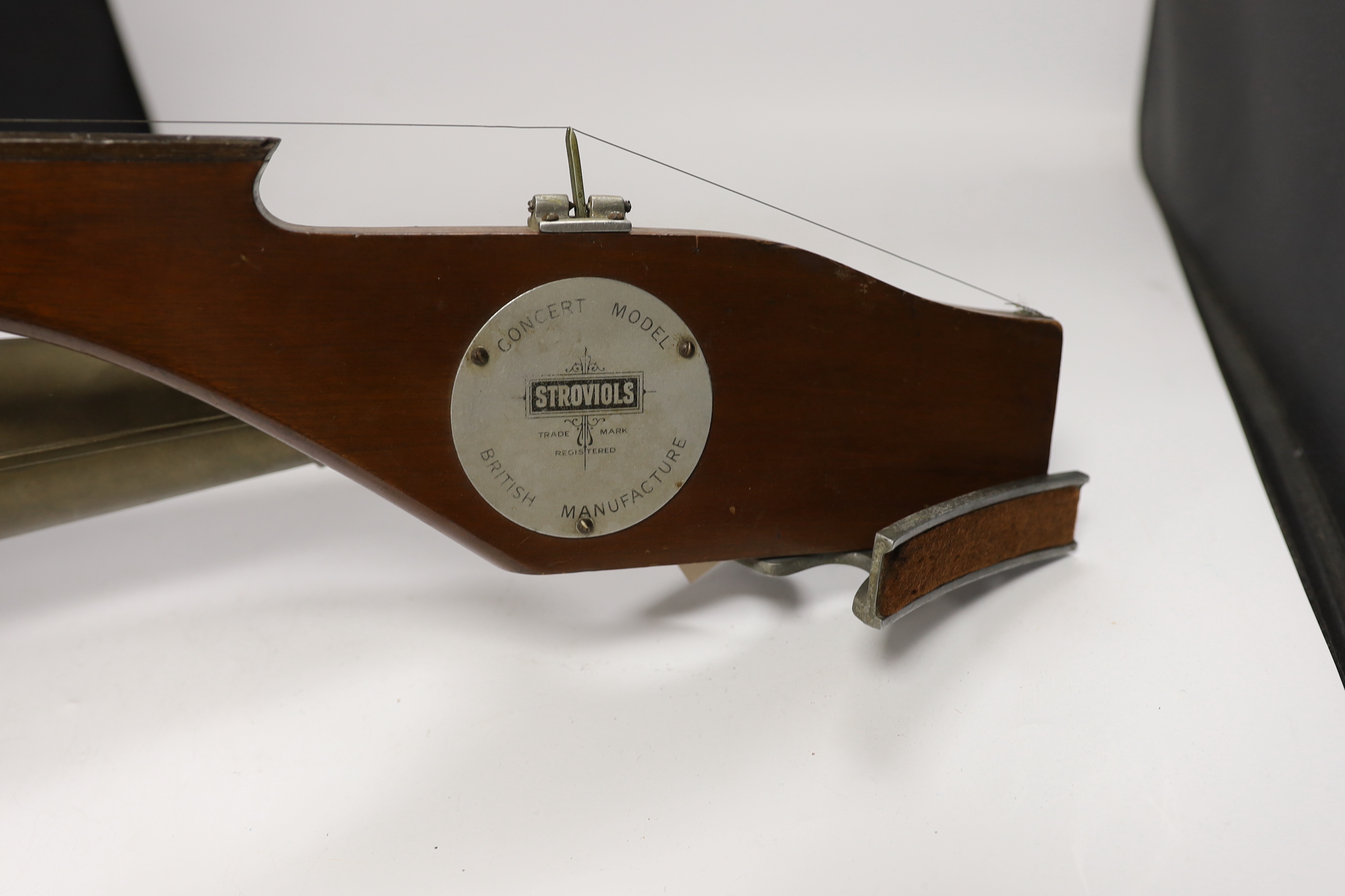 A single string 1920s Phono-fiddle by Stroviols, with horn, overall length 89cm